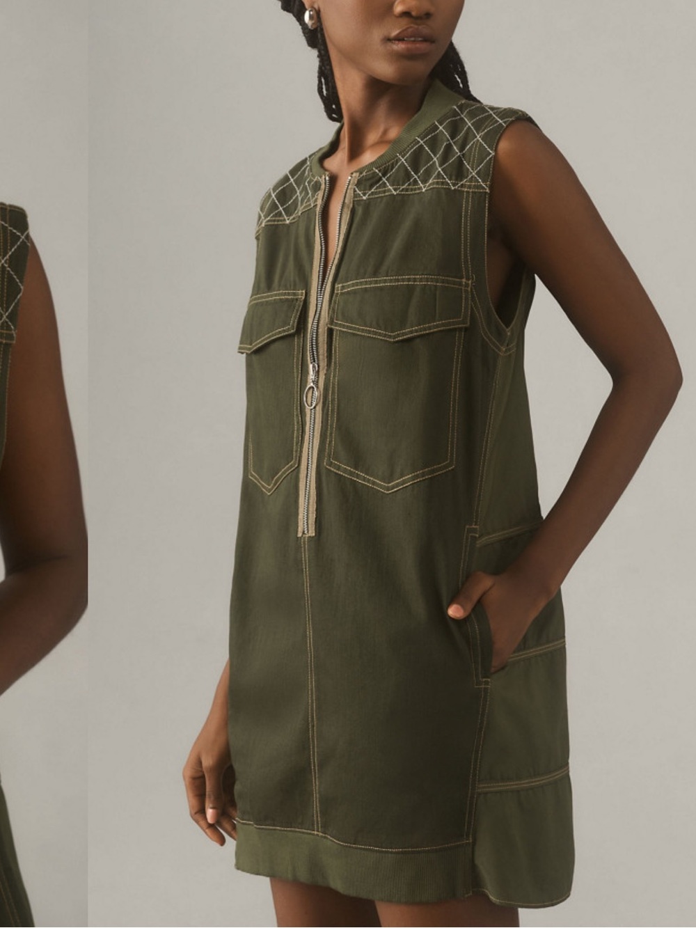 Pilcro by Anthropologie Sleeveless Olive Utility Zip Front mini Dress M